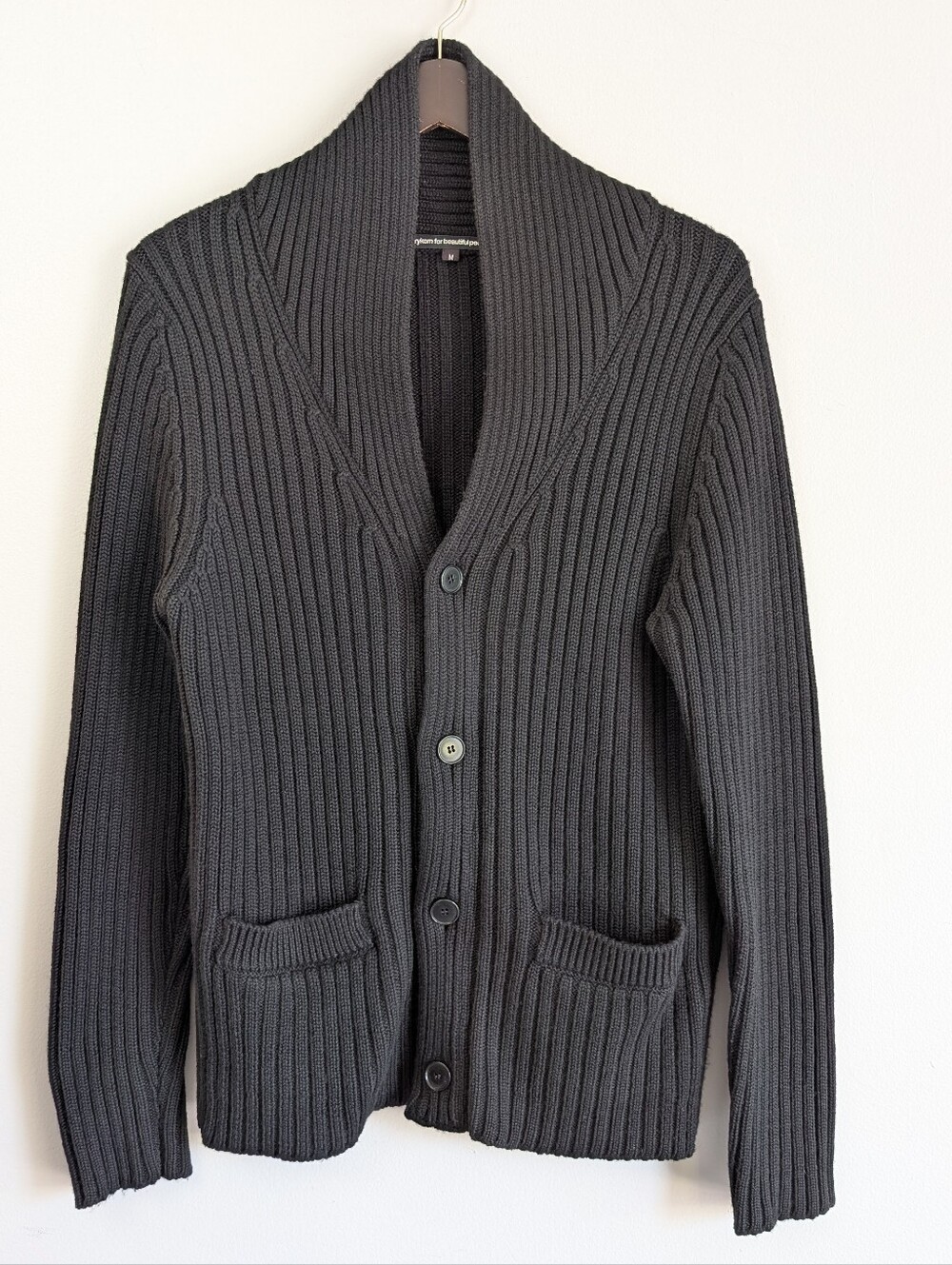 Drykorn For Beautiful People Black Rib Knit Wool Blend Cardigan, Shawl Collar, M